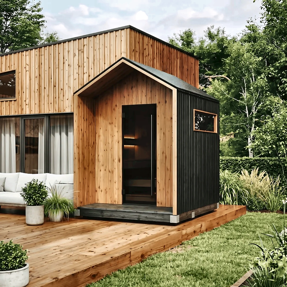 4–6 Person Black CLT Outdoor Sauna with Angled Roof
