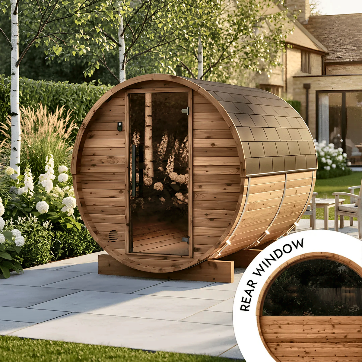 2–4 Person Compact Thermowood Barrel Sauna with Window