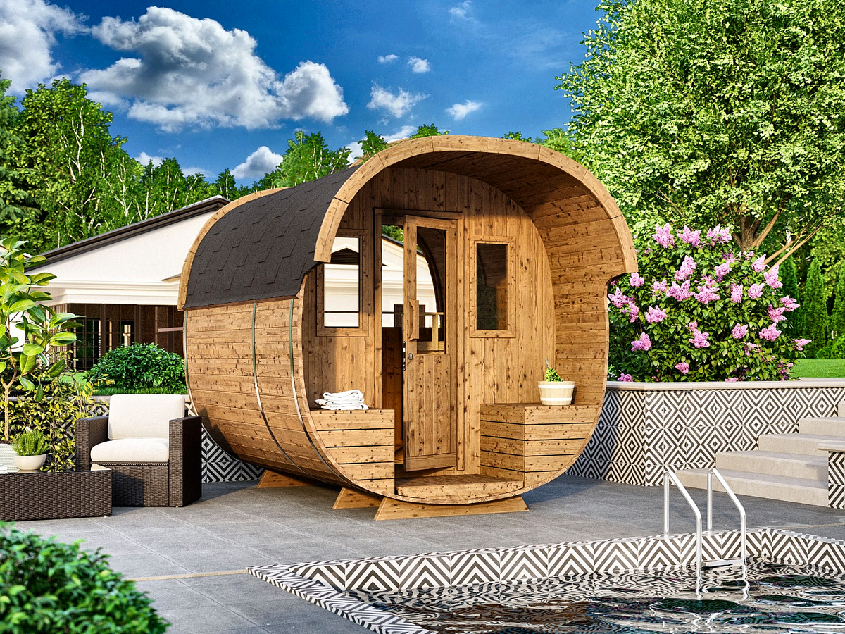 4–6 Person Thermowood Barrel Sauna with Changing Room and Terrace