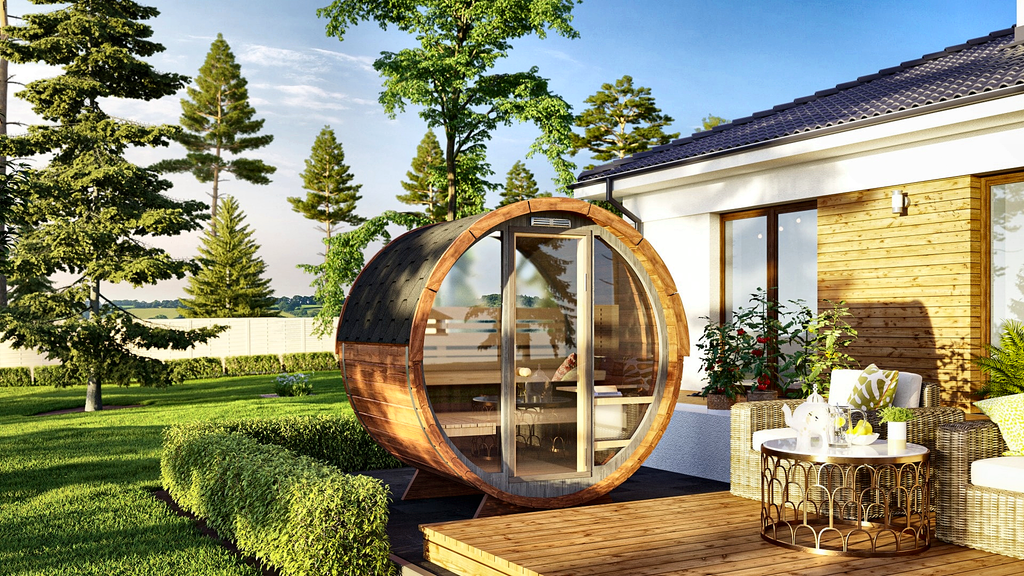 2–4 Person Thermowood Barrel Sauna with Full Glass Front