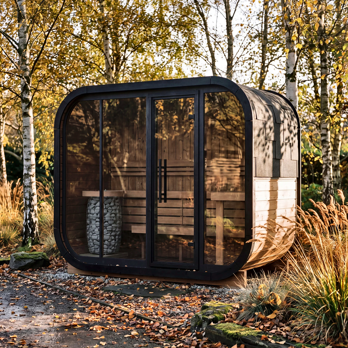 2–6 Person Rounded Outdoor Sauna Cabin with Full Glass Front