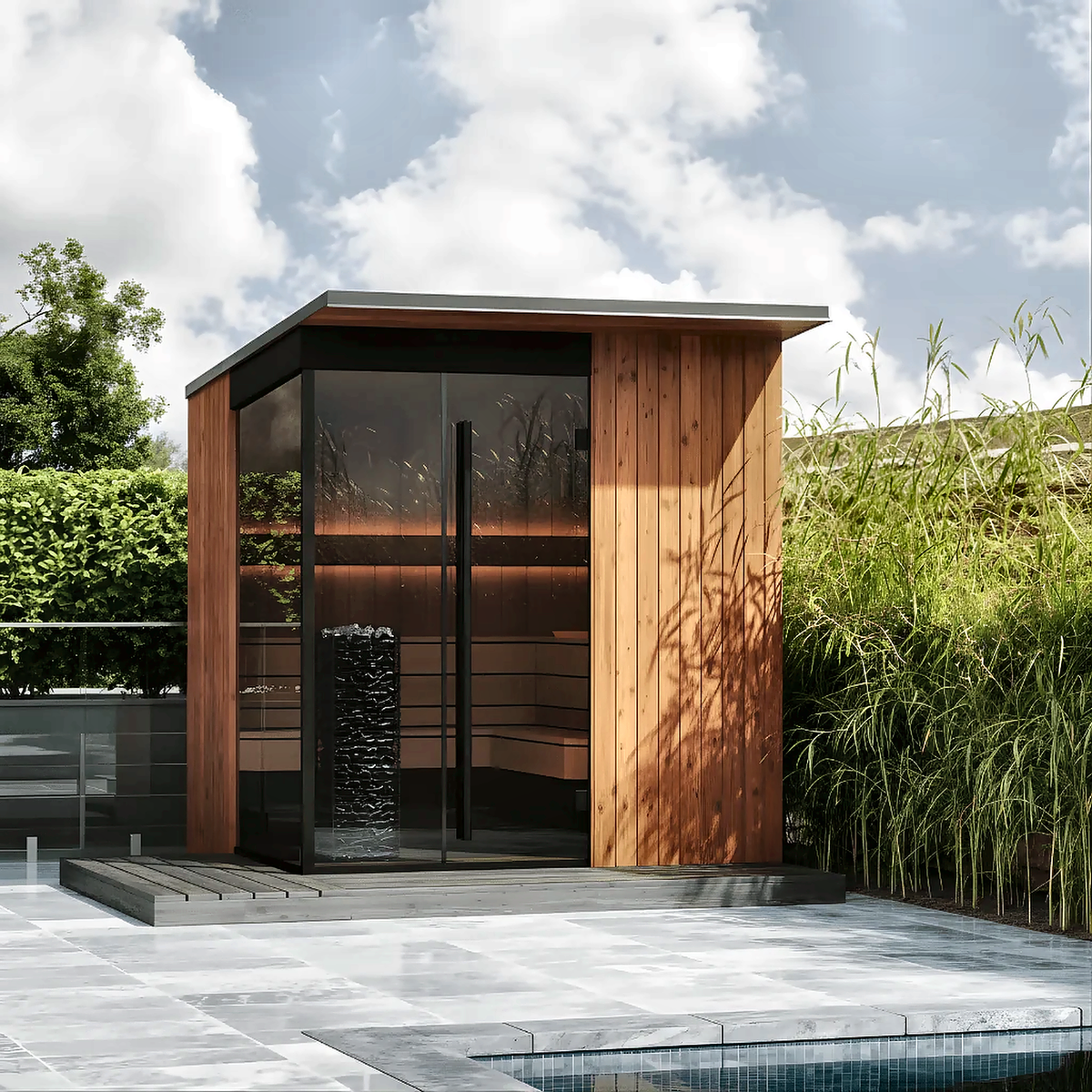 5–6 Person Modern CLT Outdoor Sauna with L-Shaped Benches