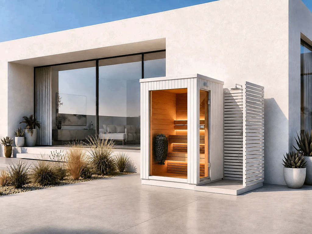 Compact Outdoor Sauna with Integrated Shower