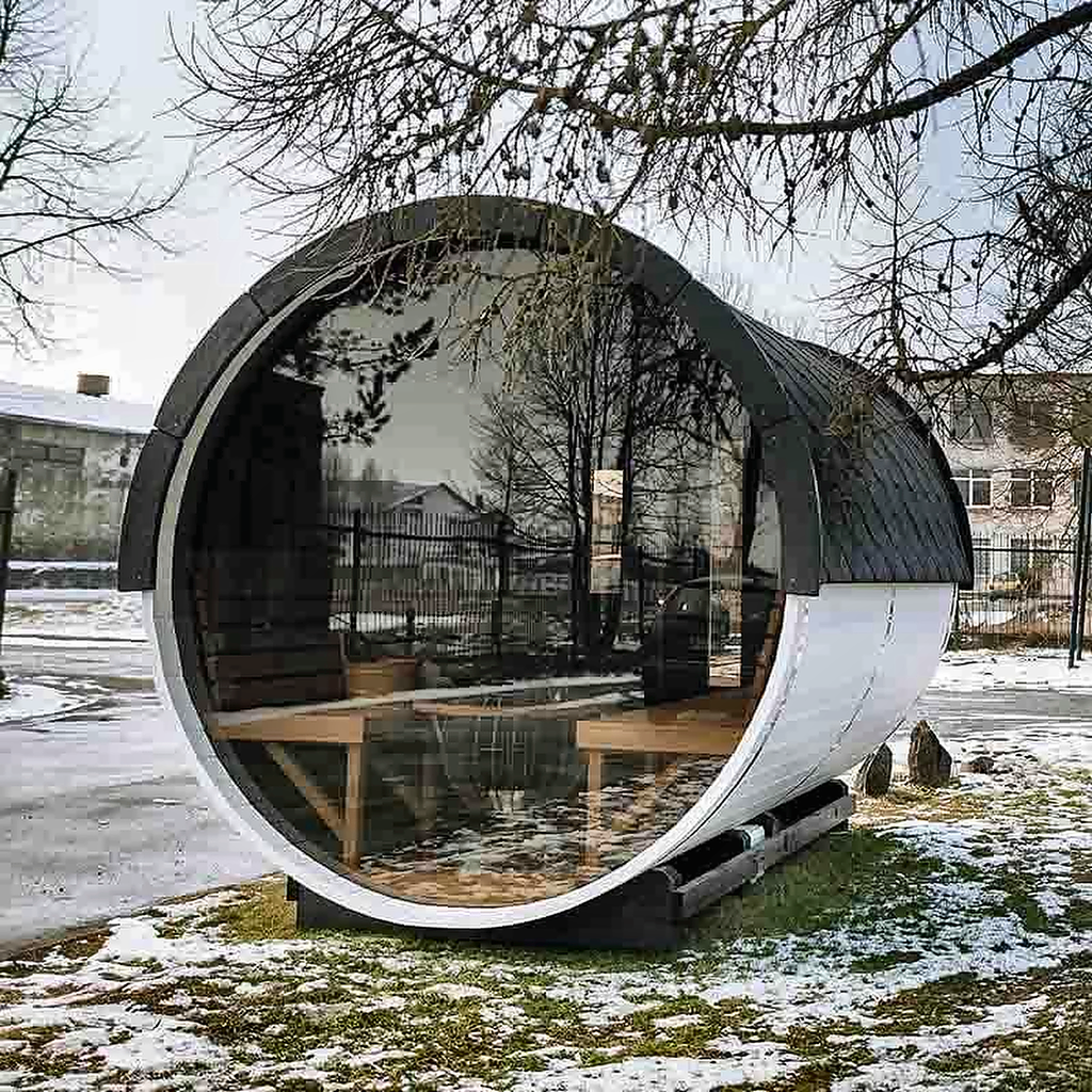 7–8 Person Luxury Thermowood Barrel Sauna with Panoramic Glass