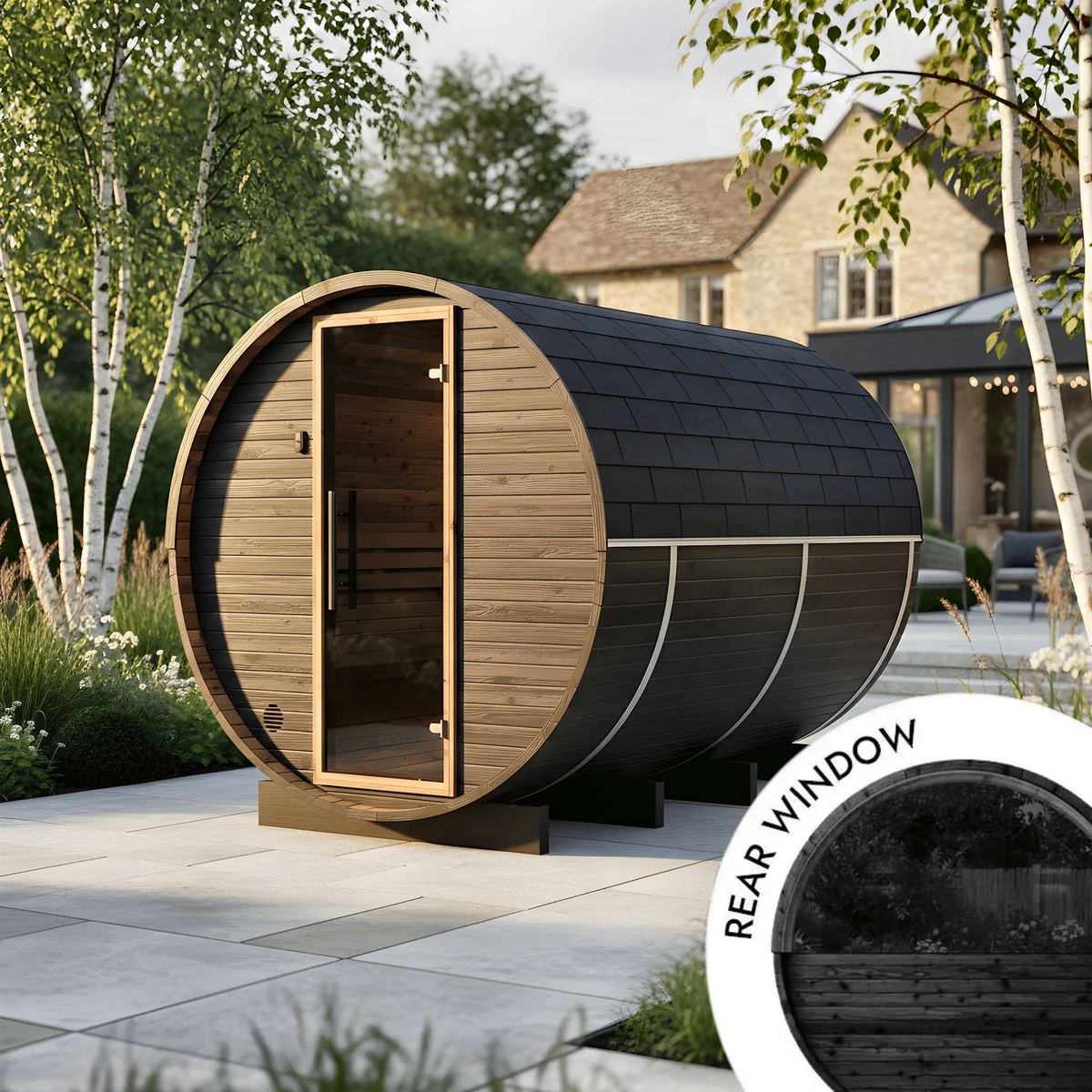 6–8 Person Large Thermowood Barrel Sauna with Window