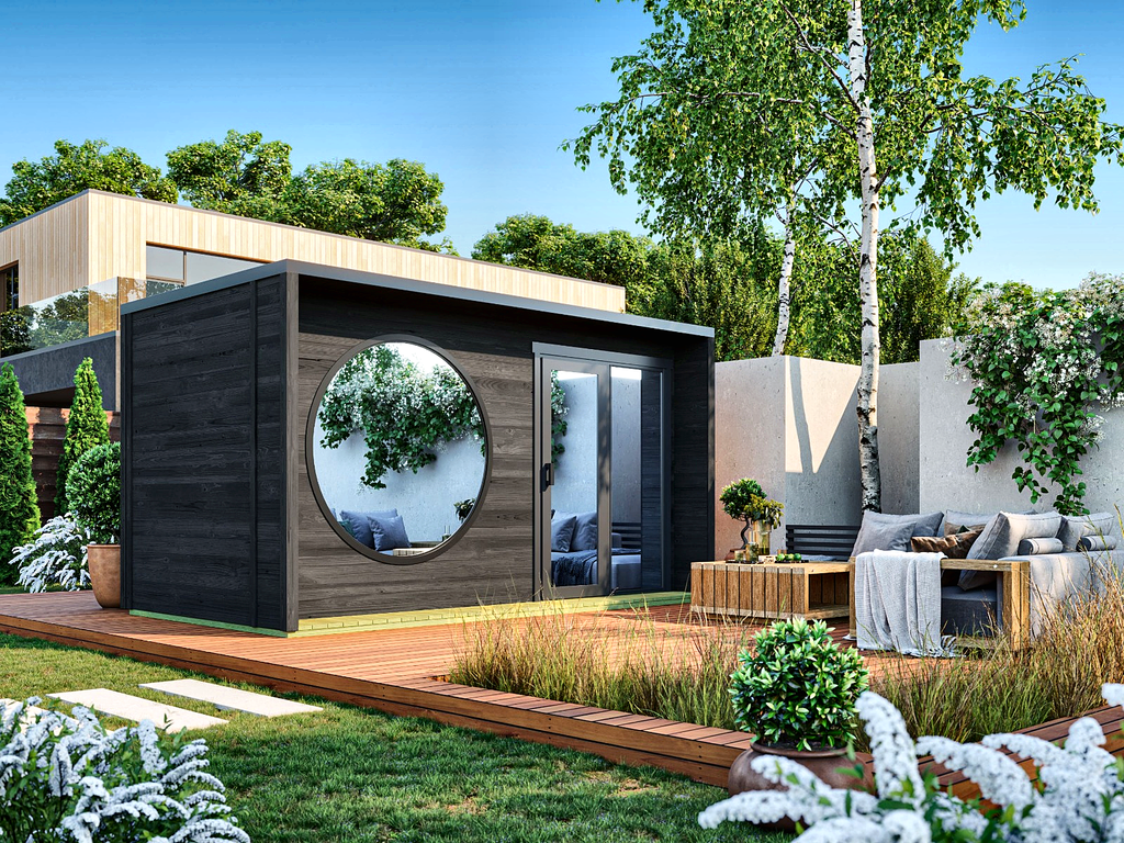 Outdoor Sauna with Black Mirror Glass Front