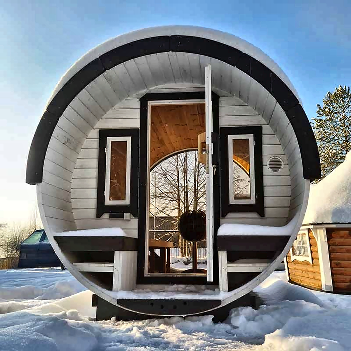 7–8 Person Luxury Thermowood Barrel Sauna with Panoramic Glass