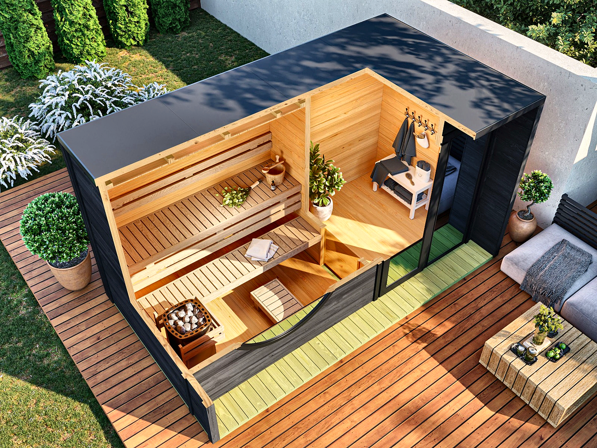 Outdoor Sauna with Black Mirror Glass Front