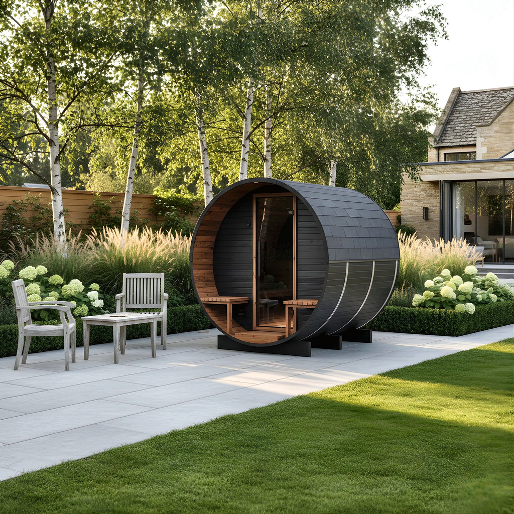 Black Barrel Sauna by Cartvora — 2–4 Person with Terrace