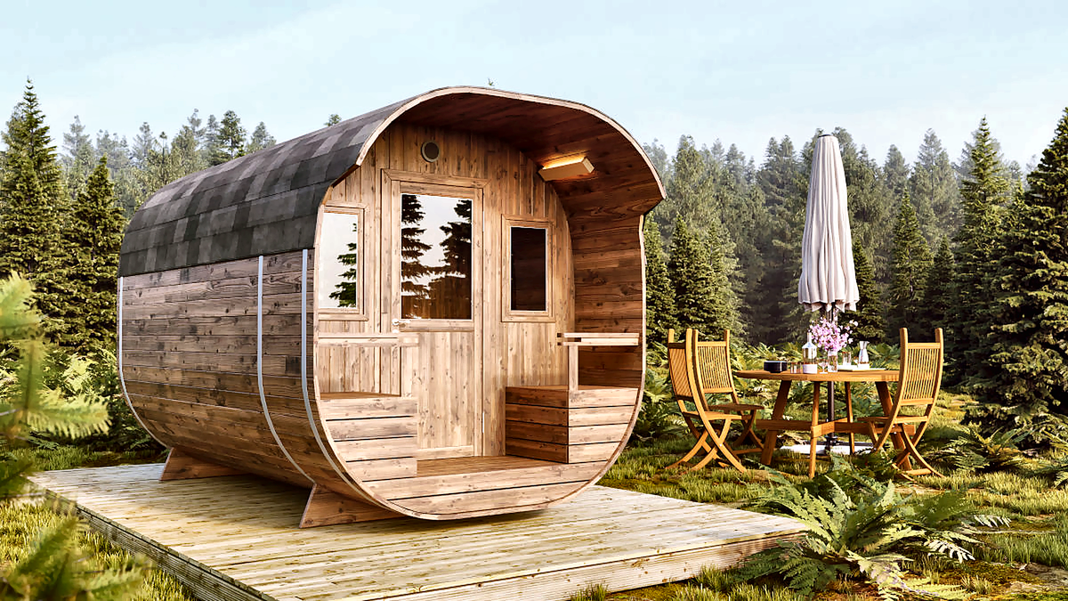 4–6 Person Thermowood Barrel Sauna with Changing Room and Terrace