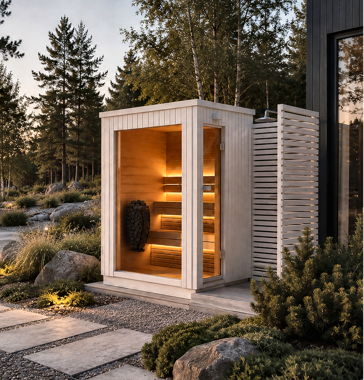 Compact Outdoor Sauna with Integrated Shower