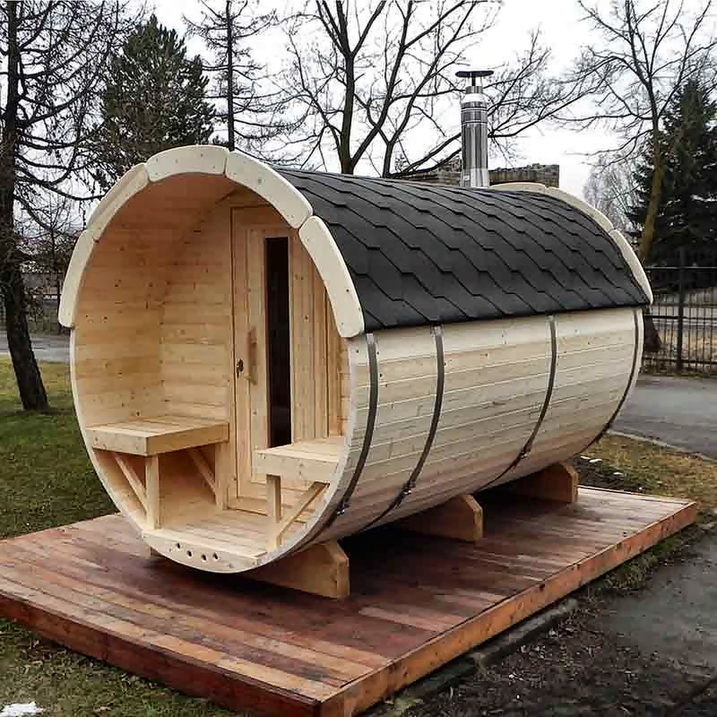 6–8 Person Outdoor Barrel Sauna with Flexible Heating Options