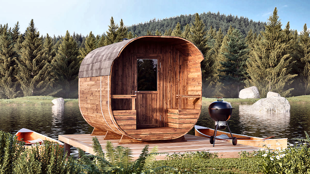 6 Person Compact Thermowood Barrel Sauna with Terrace