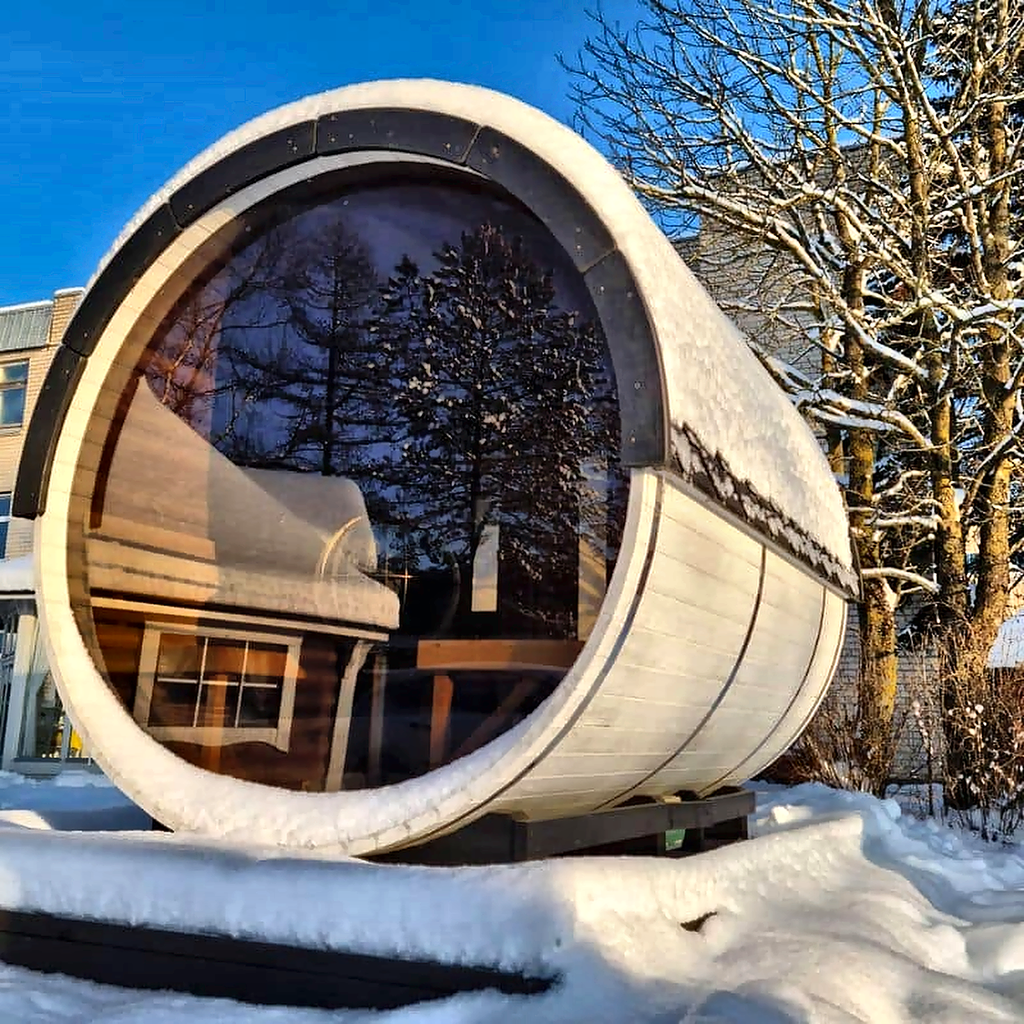 7–8 Person Luxury Thermowood Barrel Sauna with Panoramic Glass