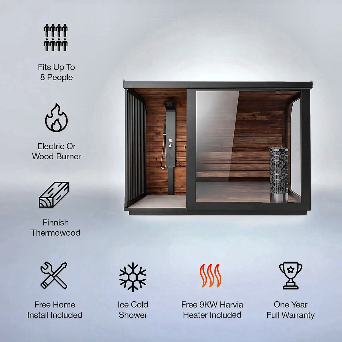 Large Outdoor Sauna with Built-In Shower