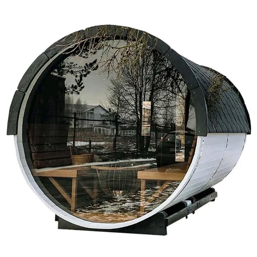 7–8 Person Luxury Thermowood Barrel Sauna with Panoramic Glass