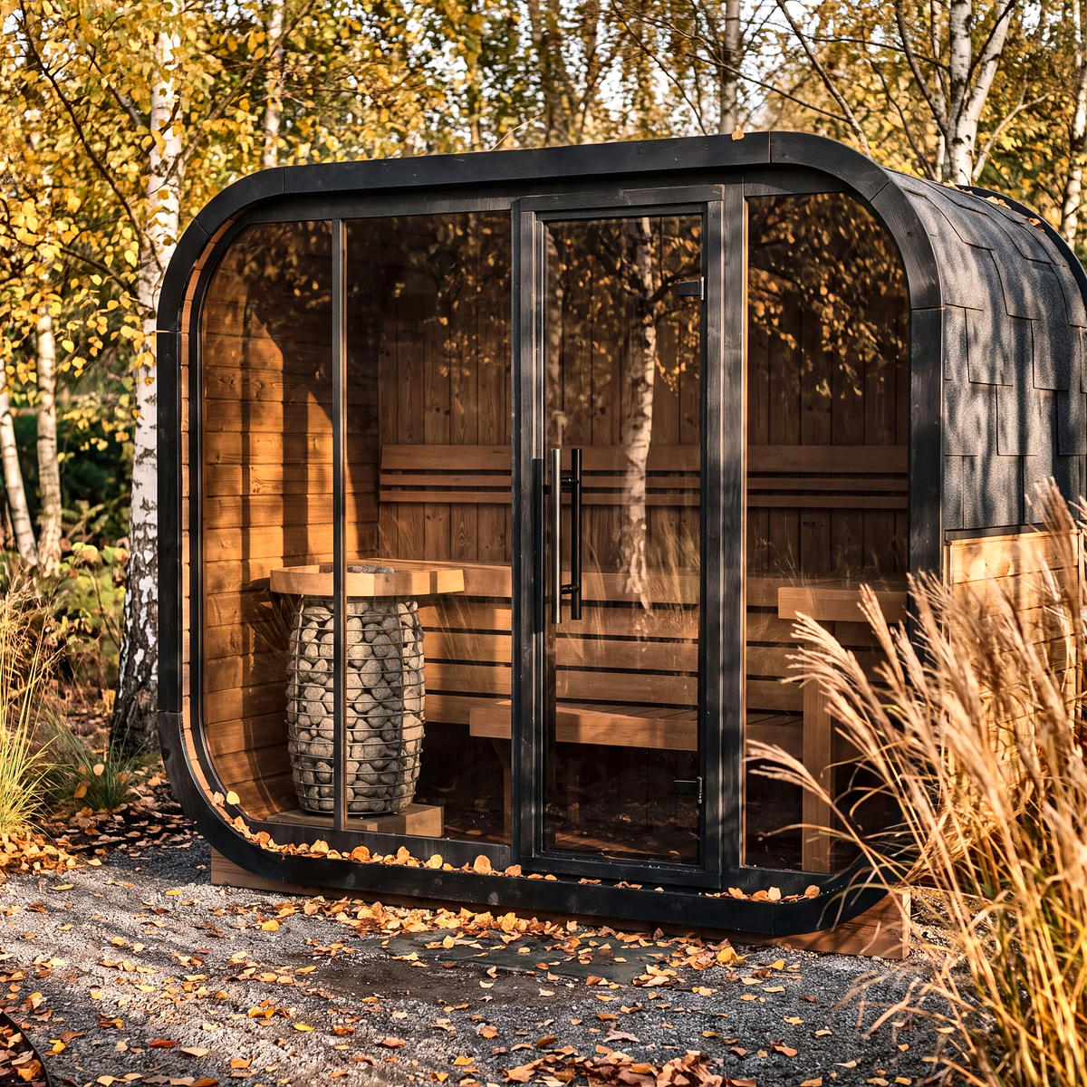2–6 Person Rounded Outdoor Sauna Cabin with Full Glass Front