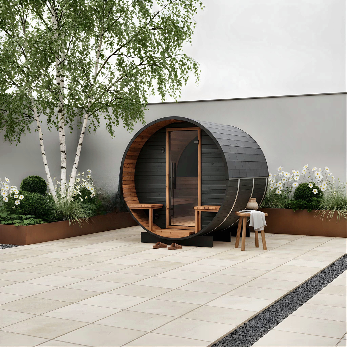 Black Barrel Sauna by Cartvora — 2–4 Person with Terrace