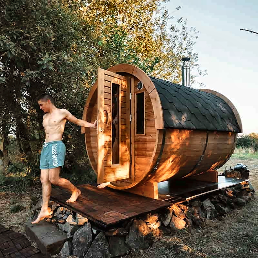 6–8 Person Outdoor Barrel Sauna with Flexible Heating Options