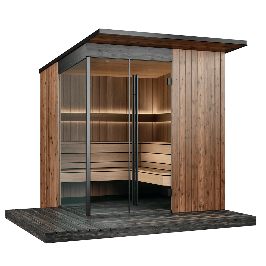 5–6 Person Modern CLT Outdoor Sauna with L-Shaped Benches