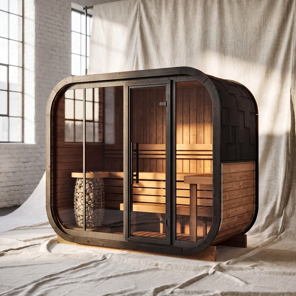 2–6 Person Rounded Outdoor Sauna Cabin with Full Glass Front