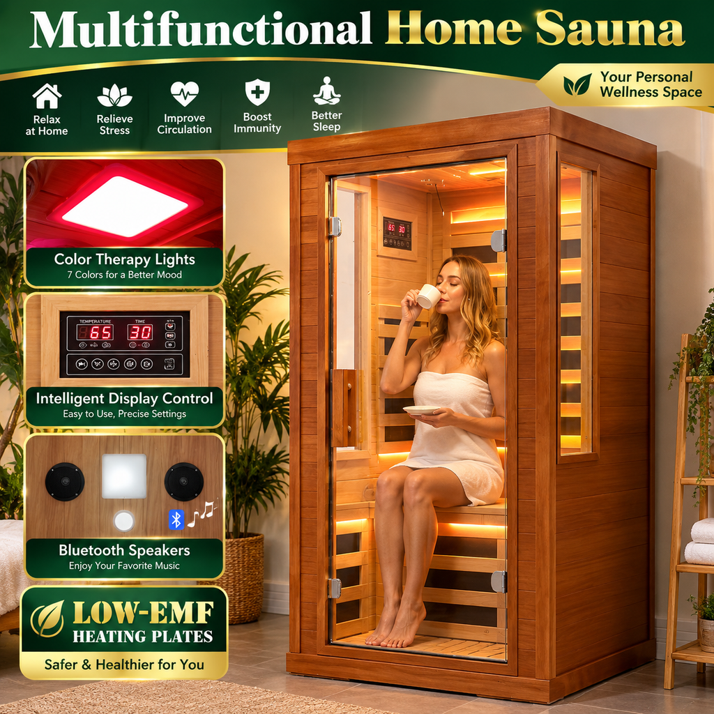 1-Person Far Infrared Home Sauna – Indoor Dry Wood Sauna with Low EMF Carbon Heaters